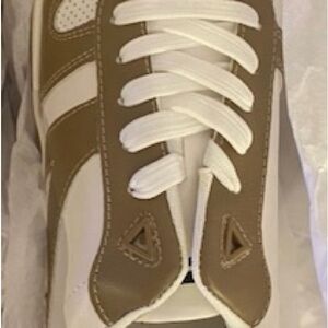 White and Tan Low-Top Fabletics Sneaker